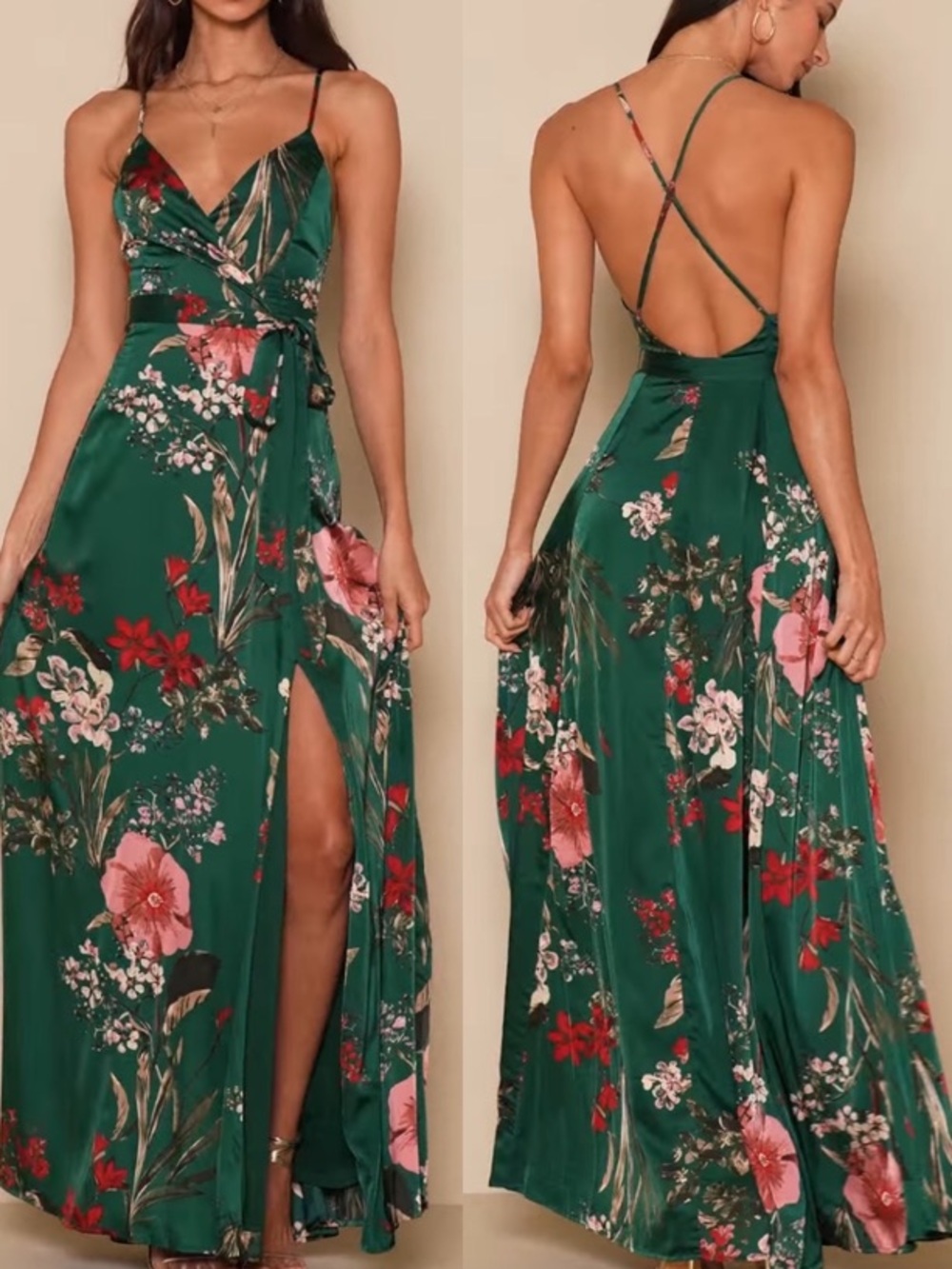 Lulu's “Still the One” Emerald Green Floral Print Faux Wrap Satin Maxi Dress- XL